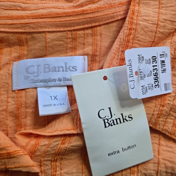CJ Banks Blouse Women's 1X Orange Striped Button Down 3/4 Sleeve Collar NWT - Picture 3 of 16